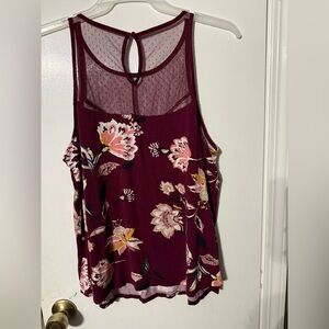 Women’s sleeveless top, maroon and floral. Size 2 in Maurice’s sizes.